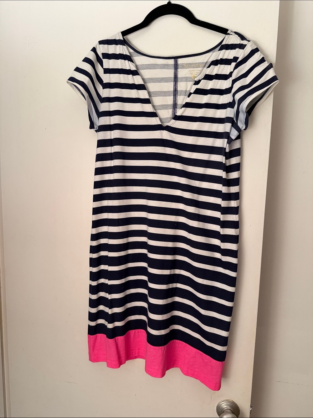 Lilly Pulitzer Navy and White Striped Midi Dress with Pink Hem
